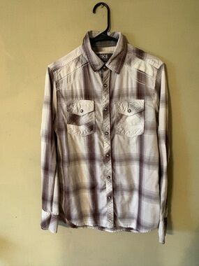 BKE Men's Plaid Button-Down Shirt in Cream and Brown